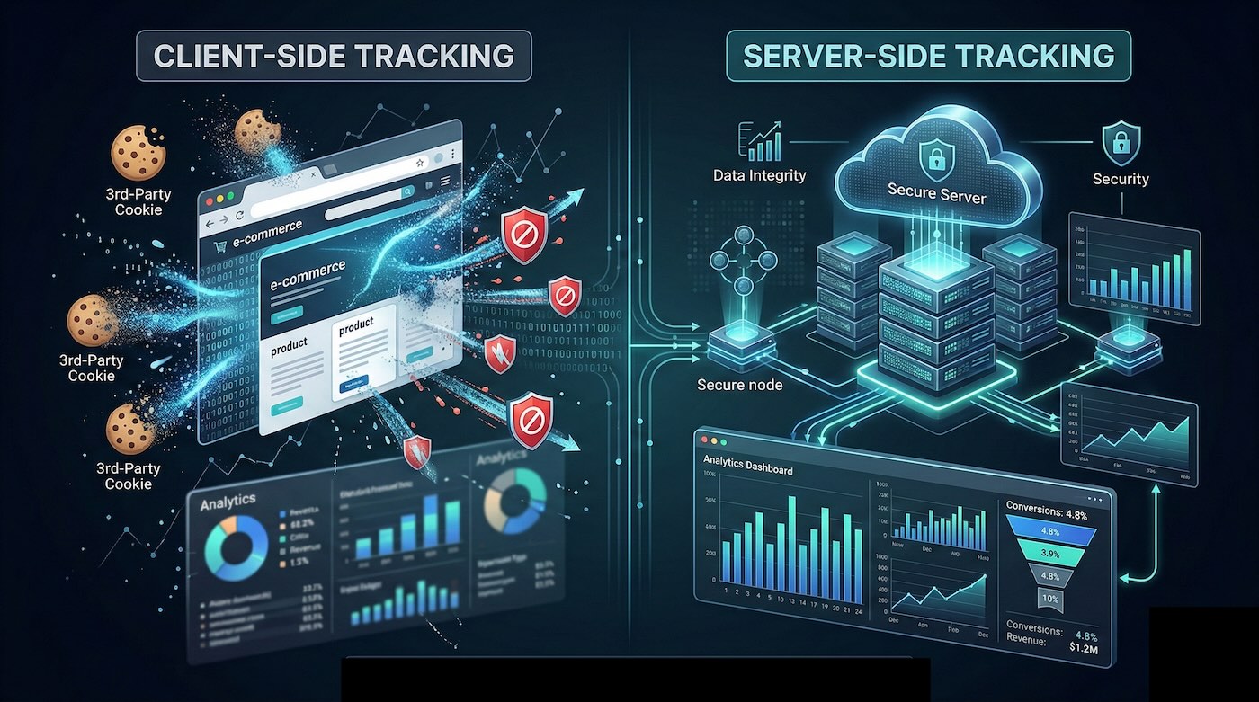 Illustrazione digitale comparativa a doppia sezione. A sinistra, il 'Client-Side Tracking' mostra flussi di dati frammentati, cookie di terze parti che si dissolvono e icone di ad-blocker. A destra, il 'Server-Side Tracking' presenta un'infrastruttura cloud sicura con flussi di dati ordinati, nodi protetti e una dashboard di analytics chiara e completa, evidenziando una maggiore integrità dei dati.