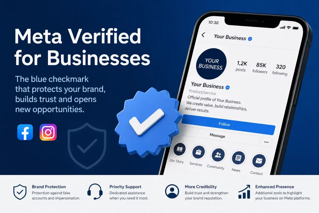 Meta Verified for businesses on Facebook and Instagram: illustration of the blue verification badge, brand protection, priority support and advanced tools for business profiles.