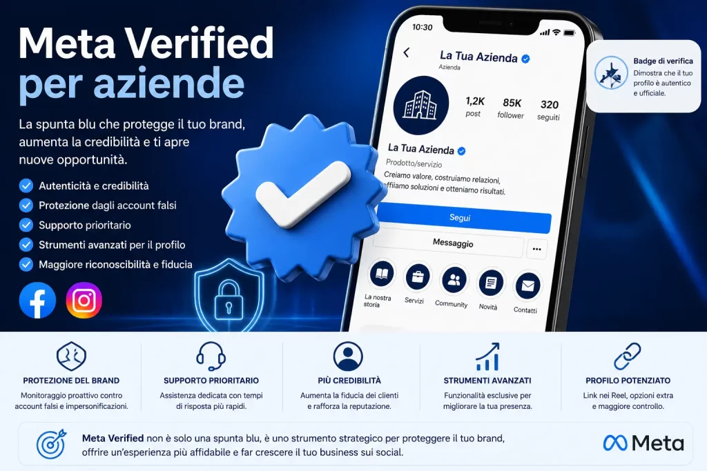 Meta Verified per aziende su Facebook e Instagram: illustrazione del badge verificato con spunta blu, protezione del brand, supporto prioritario e strumenti avanzati per profili business.