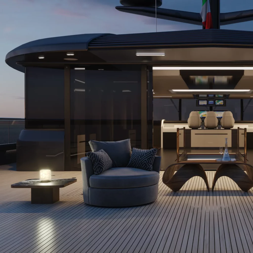 immagine di esterno di una yacht con illuminazione Cantalupi