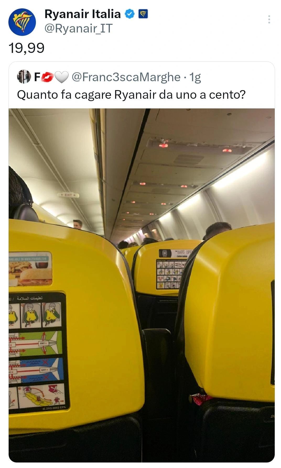 commenti negativi su ryanair con risposta della compagnia mostrando il prezzo molto basso