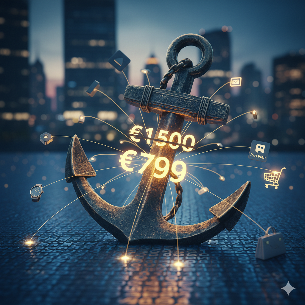Immagine concettuale dell'effetto ancoraggio, con una grande ancora in primo piano che "fissa" la percezione di due prezzi: uno sbarrato (€1500) e il prezzo finale di vendita (€799). Icone di e-commerce, piani "Pro Plan" e carrelli della spesa sono collegati all'ancora, simboleggiando come il prezzo iniziale influenzi le decisioni di acquisto. Rappresenta visivamente i bias cognitivi nella strategia di pricing