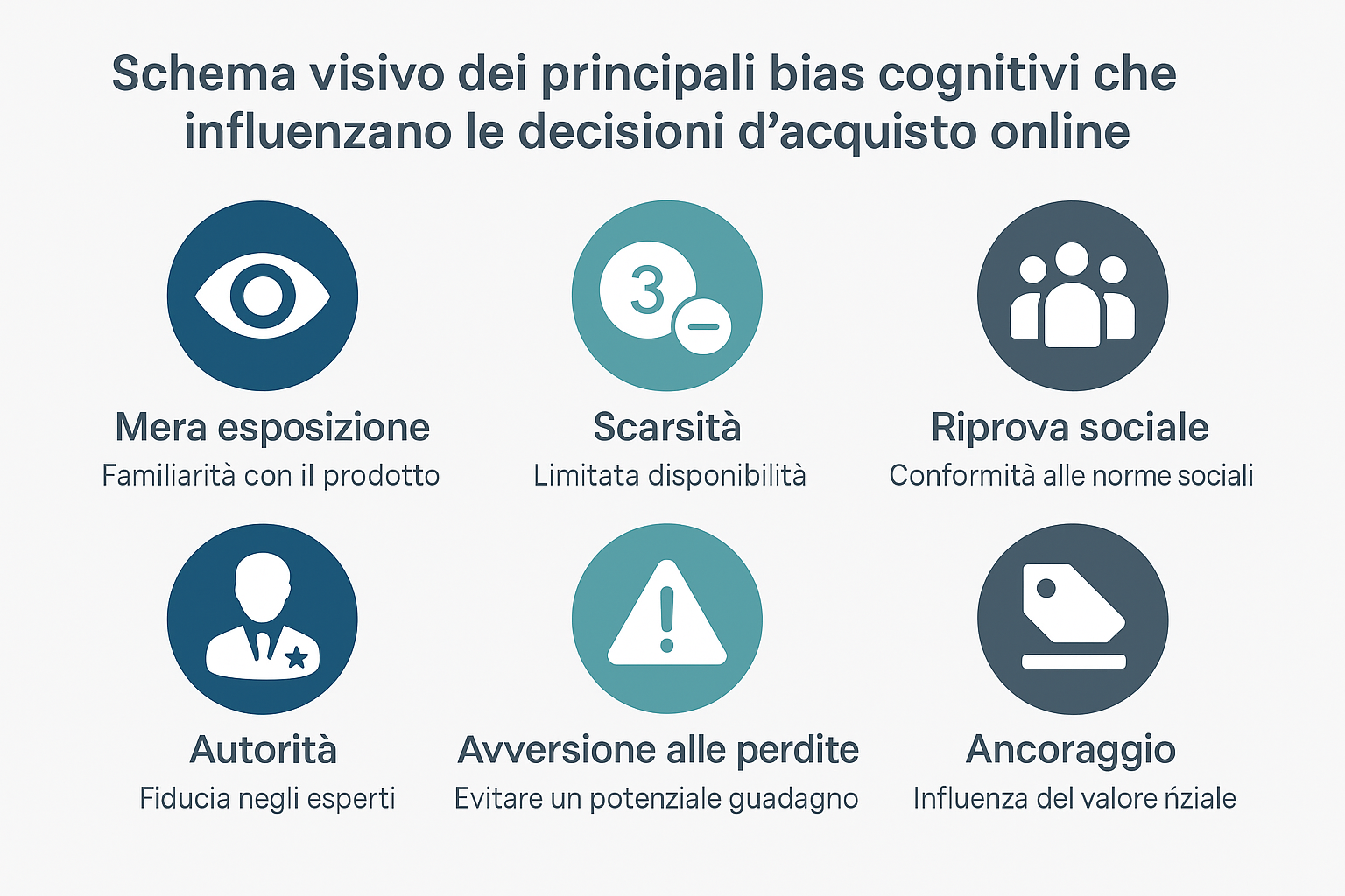 Visual scheme of the main cognitive biases that influence online purchase decisions