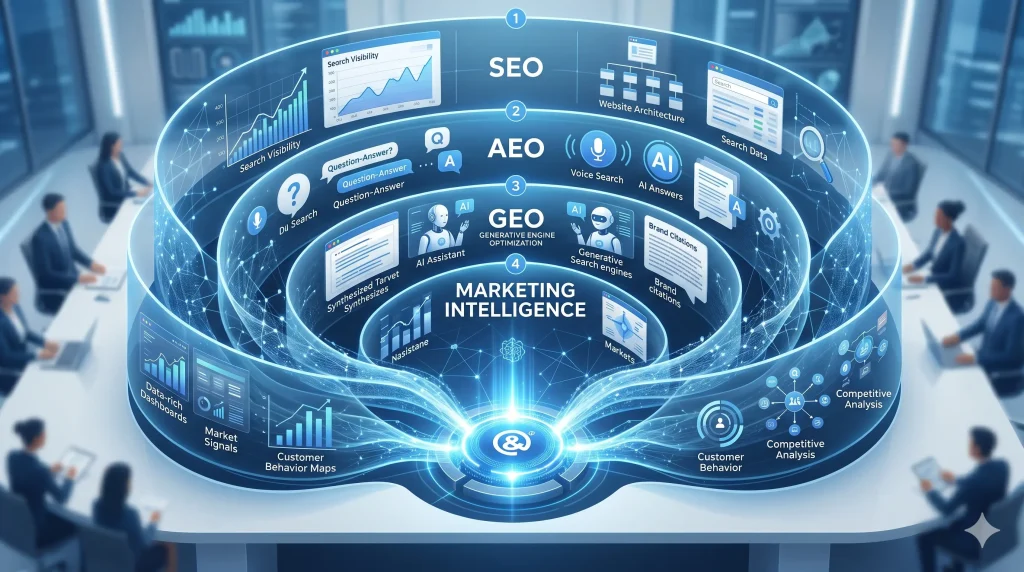 Marketing Intelligence framework integrating SEO, AEO and GEO to transform data, market signals and AI visibility into strategic business decisions.