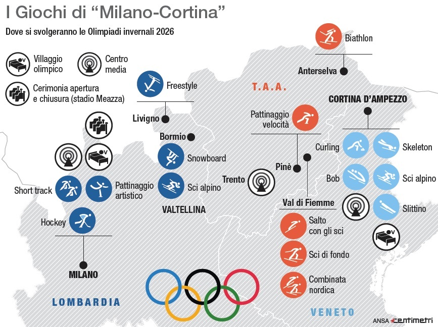 mappa di dove si svolgeranno le varie gare delle olimpiadi invernali milano cortina 2026 in Italia