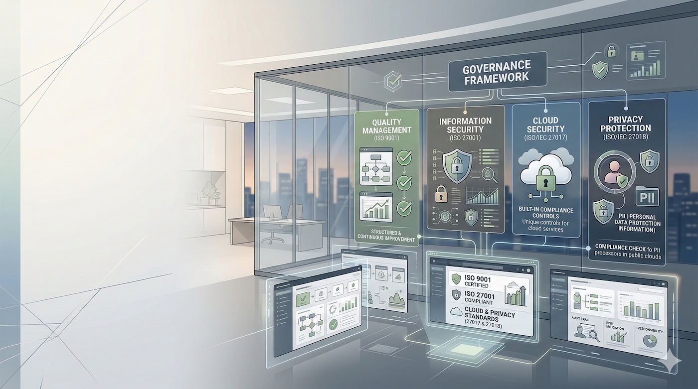 Illustrazione corporate che rappresenta qualità, sicurezza delle informazioni, governance cloud e protezione dei dati in un contesto di consulenza digitale certificata.