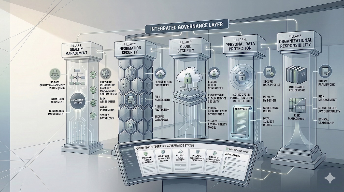 Visuale concettuale di un sistema integrato di governance con qualità, sicurezza delle informazioni, sicurezza cloud, protezione dei dati personali e responsabilità organizzativa.