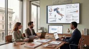 Digital market entry strategy for Italy with analytics dashboards, localization elements and business planning visuals.