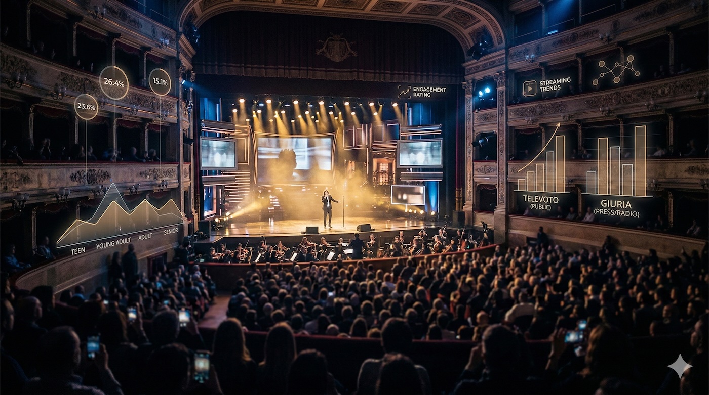 Palco di un festival musicale illuminato da luci dorate con pubblico sfocato e grafici strategici sovrapposti che rappresentano l’analisi marketing di Sanremo 2026