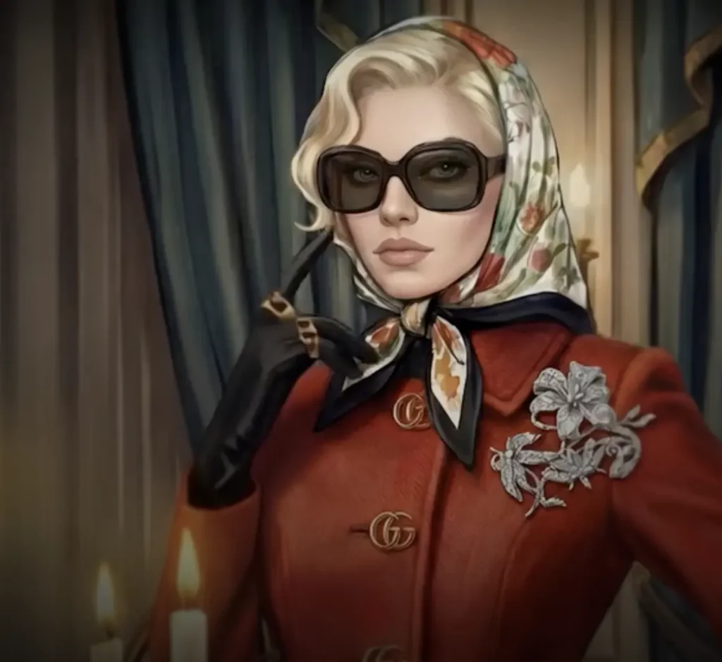 Personaggio femminile Gucci La Famiglia Mystery Unfolds con foulard e occhiali da sole