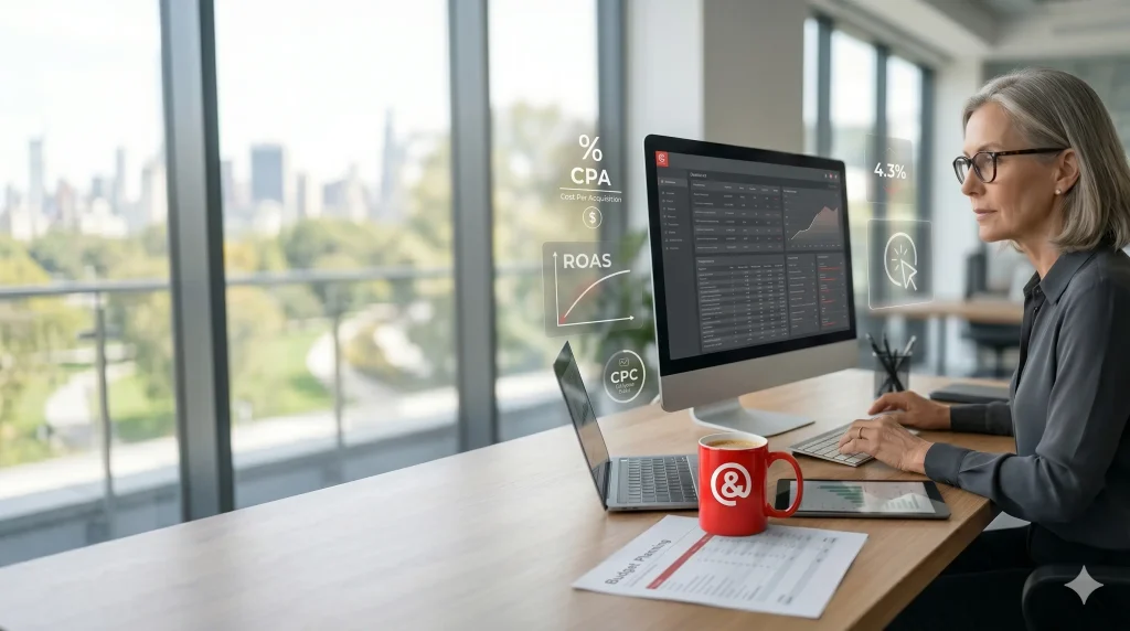 Analisi del budget Google Ads e CPA su pc in agenzia HT&T Consulting