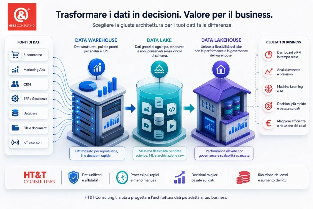 differenze tra data warehouse, data lake e data lakehouse