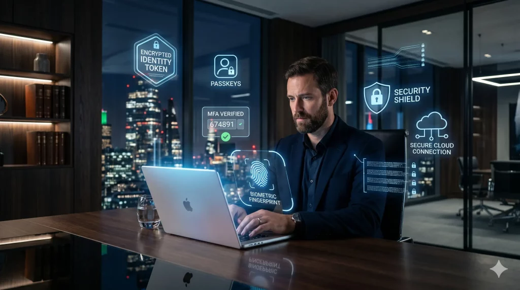 Autenticazione moderna con impronta digitale, passkey, chiavi hardware FIDO2 e sistemi di accesso passwordless in ambiente cloud sicuro.