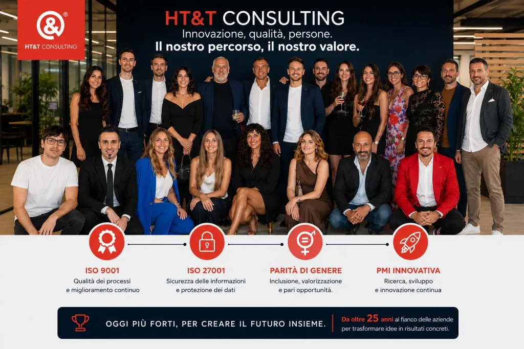 Il team di HT&T Consulting celebra il riconoscimento come PMI Innovativa dopo le certificazioni ISO 9001, ISO 27001 e Parità di Genere.