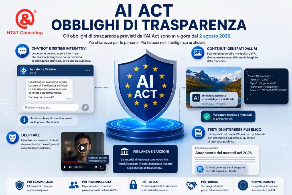Rappresentazione degli obblighi di trasparenza previsti dall’AI Act per chatbot, contenuti generati dall’intelligenza artificiale e deepfake