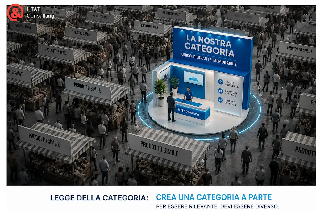 Rappresentazione della legge della categoria nel marketing, con uno spazio distinto che emerge da un mercato affollato