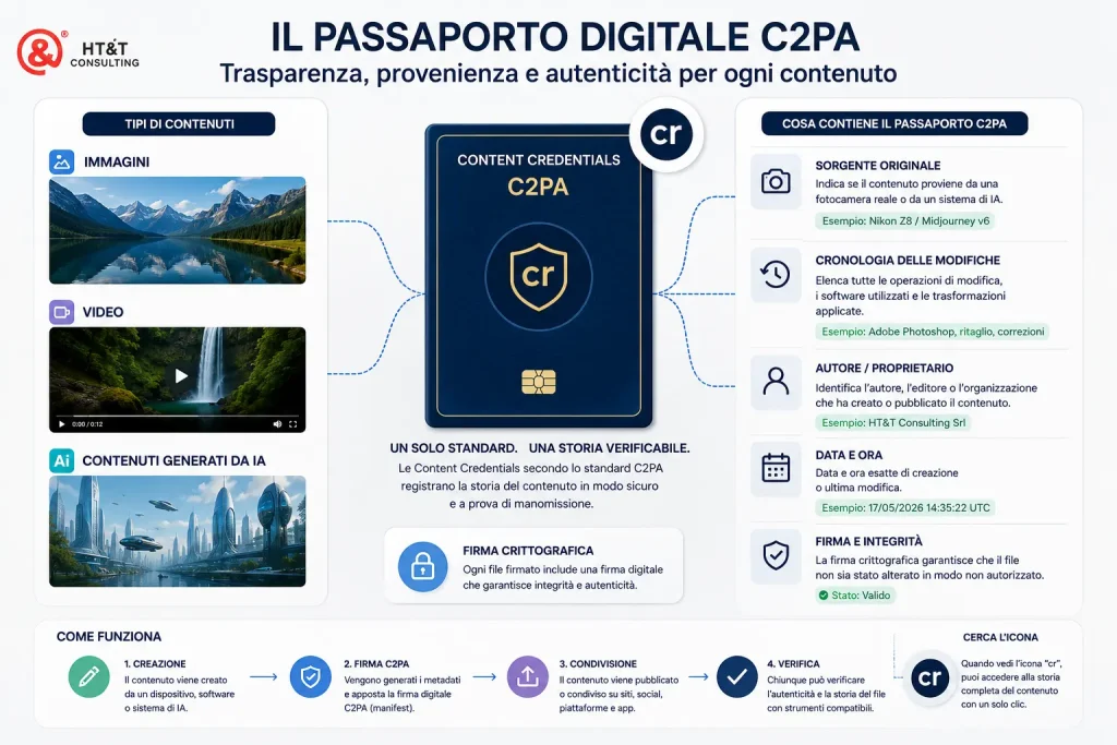 Rappresentazione del passaporto digitale C2PA applicato a immagini, video e contenuti