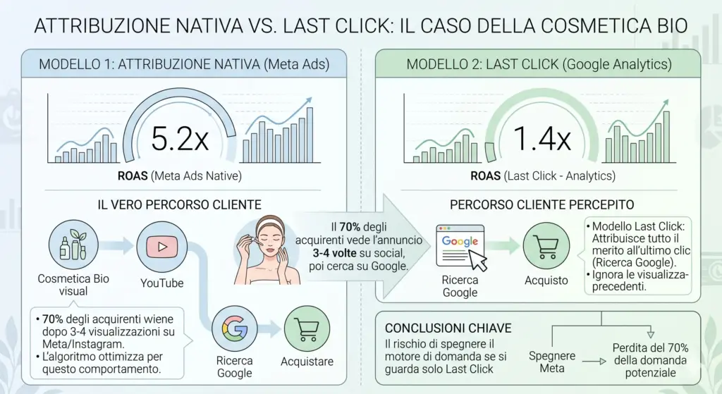 Confronto tra attribuzione nativa Meta Ads con ROAS 5,2x e modello Last Click di Google Analytics con ROAS 1,4x nel caso della cosmetica bio