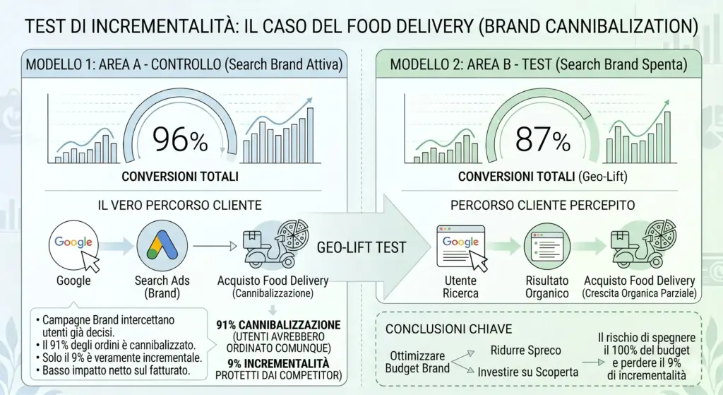 Esempio di Geo-Lift Test nel food delivery che confronta un'area con campagne Search Brand attive e un'area test con campagne spente