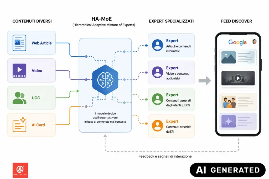 Schema del sistema HA-MoE di Google Discover che confronta articoli web, video, UGC e AI Card tramite expert specializzati