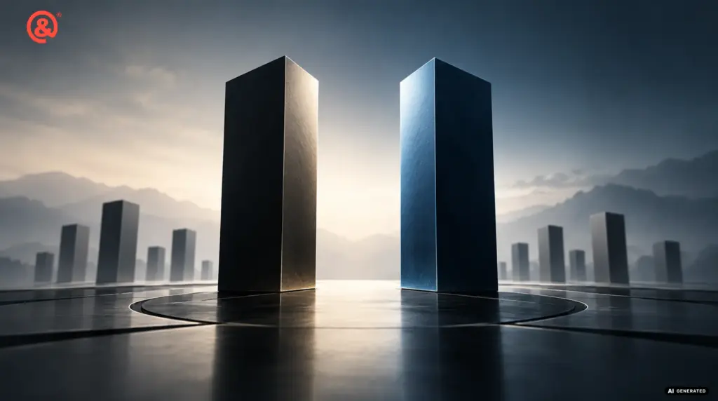 Rappresentazione della Legge della Dualità nel marketing, con due competitor principali in primo piano e altri concorrenti sullo sfondo